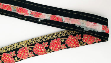 Black Trim with Floral Embroidery Salmon Pink Embroidered Leaves Trim, Decorative Trim, Indian Border